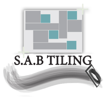 the logo for SAB tiling - grey and teal rectangles with SAB Tiling  and a plastering trowel underneath