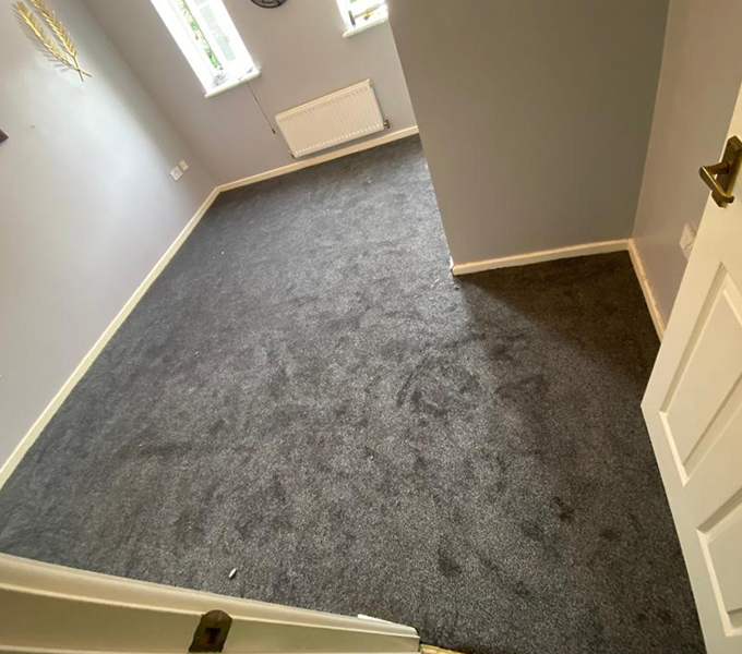 a grey fitted carpet in an empty l-shaped room